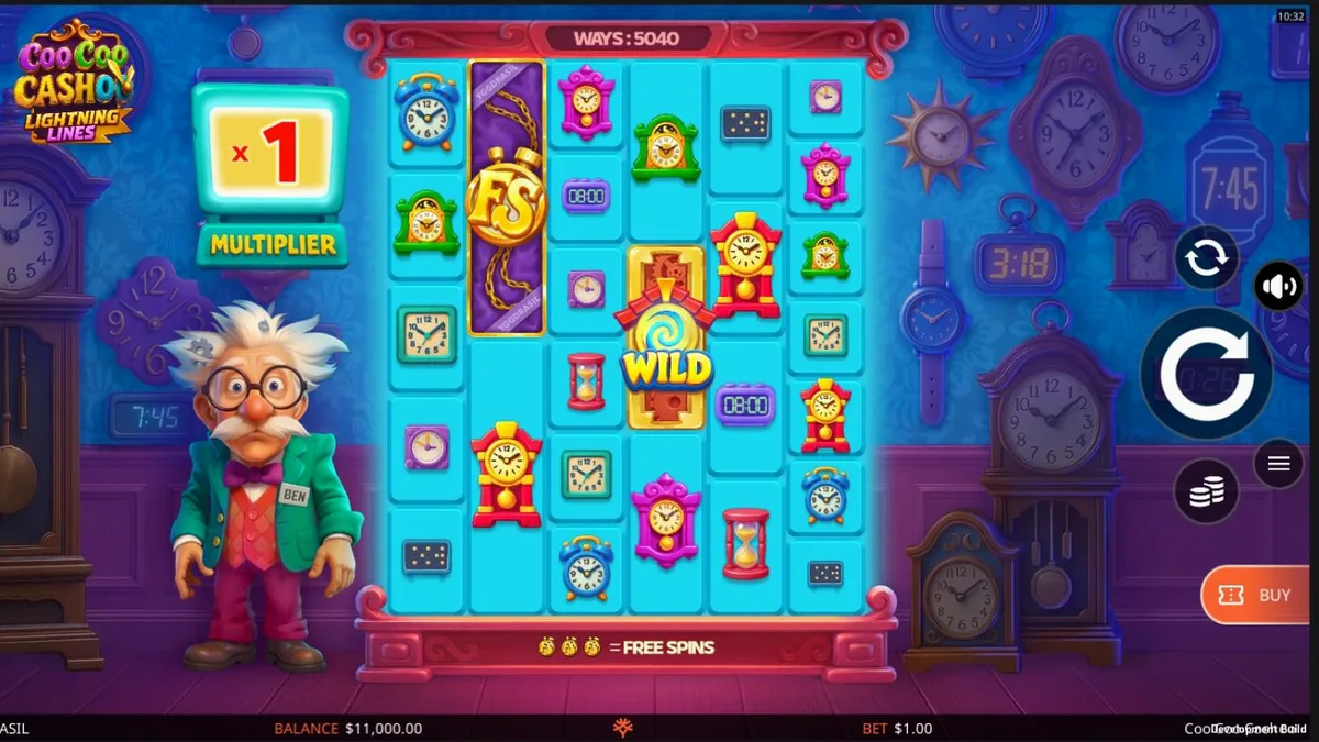 Tampilan visual slot Coo Coo Cashoo dengan latar belakang bengkel jam yang eksentrik.