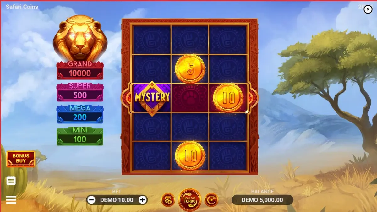 Pemandangan savana Afrika yang indah dalam permainan slot Safari Coins